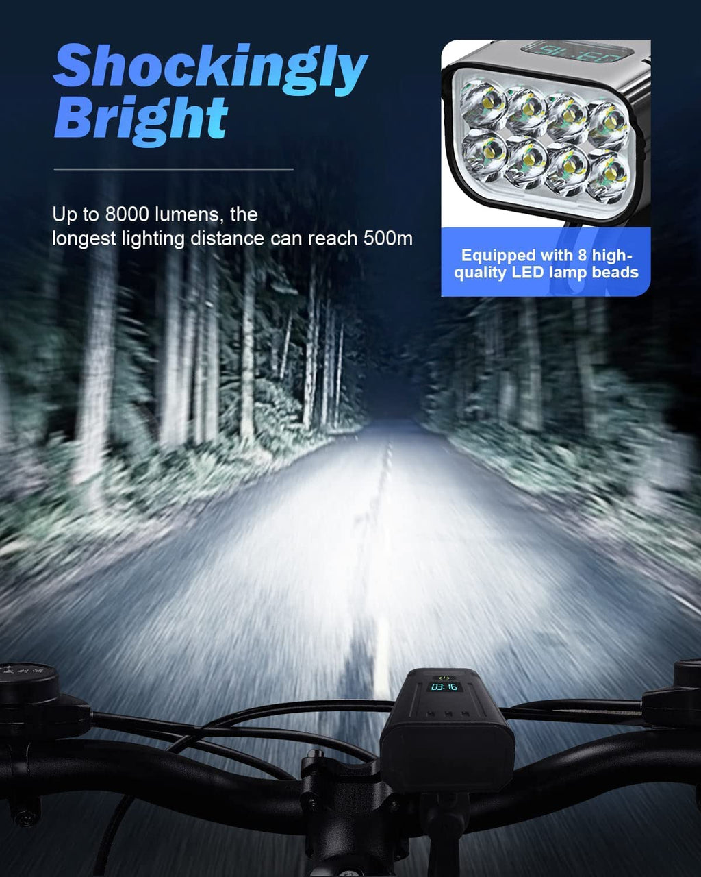 Σετ ποδηλατικού φωτισμού Victoper 8000 Lumens — Επαναφορτιζόμενο μέσω USB, σετ 8 LED εμπρός και πίσω, μαύρο ματ