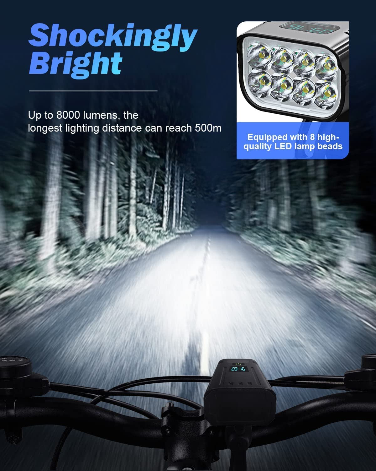 Σετ ποδηλατικού φωτισμού Victoper 8000 Lumens — Επαναφορτιζόμενο μέσω USB, σετ 8 LED εμπρός και πίσω, μαύρο ματ