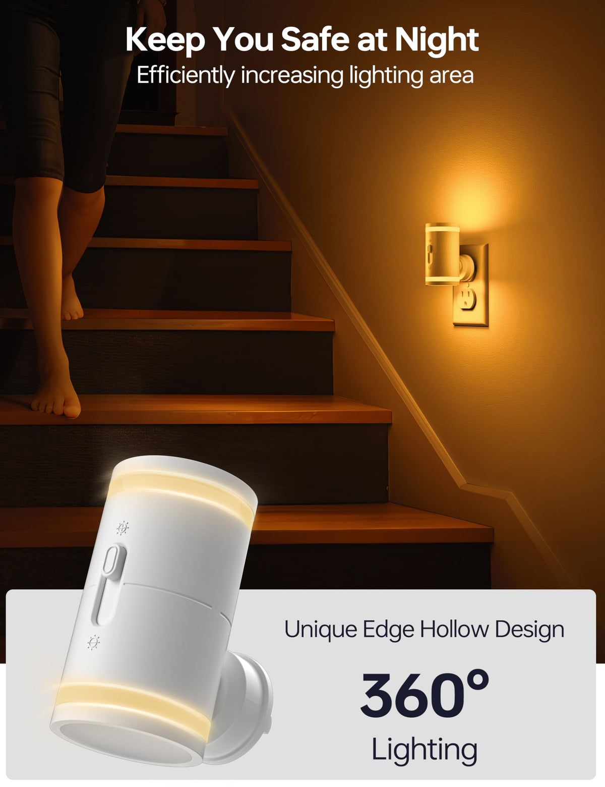 Kindeep 2 Pack Amber Night Lights — Dusk to Dawn Sensor, Dimmable 5-120Lm