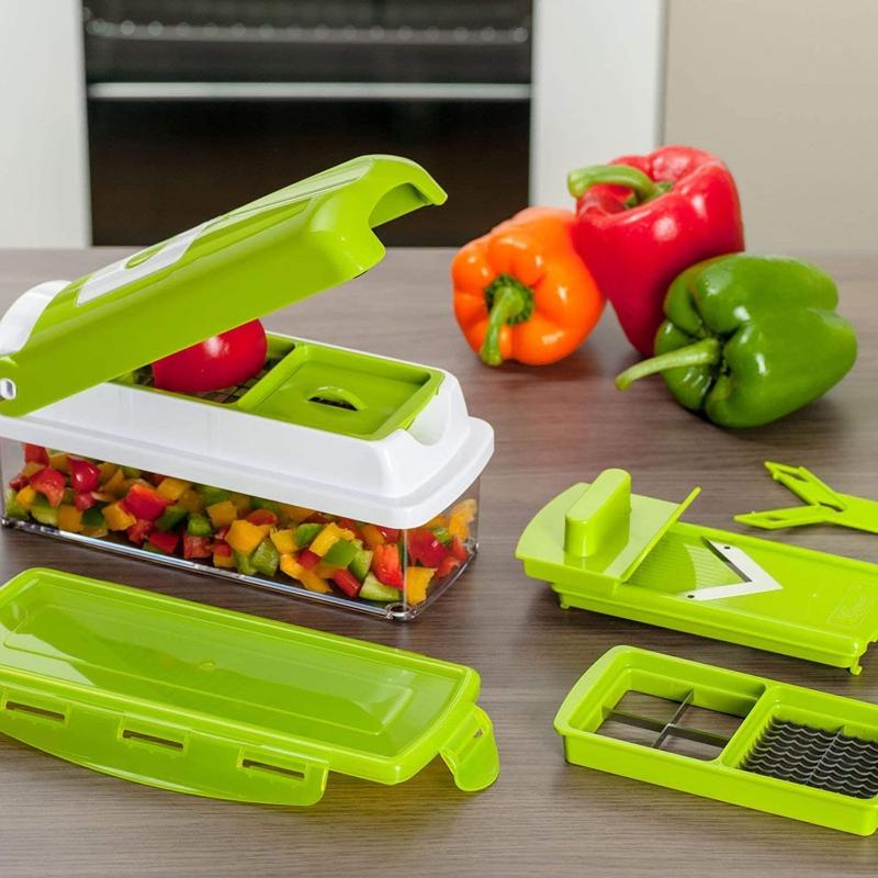 CutMate 12-in-1 Vegetable Cutter — Stainless Steel Blades, Removable Collection Container & Safety Finger Guard, Space-Saving Build