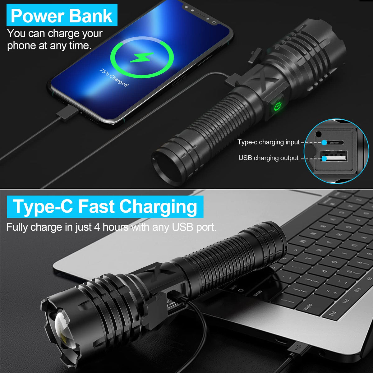 Banral oppladbar lommelykt i aluminium – 100000 lumen, IPX6-vanntett, 5 moduser, justerbar zoom