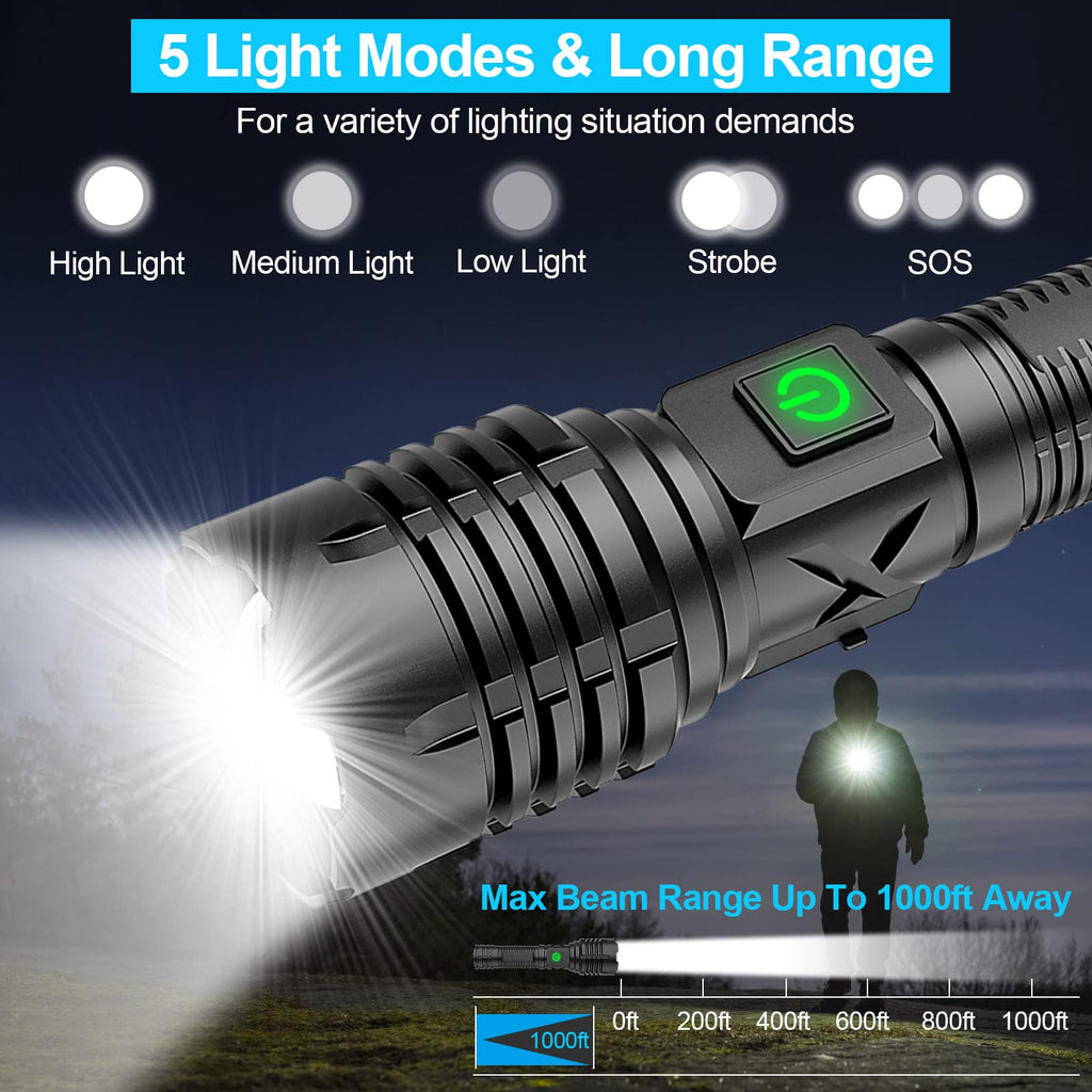Banral oppladbar lommelykt i aluminium – 100000 lumen, IPX6-vanntett, 5 moduser, justerbar zoom