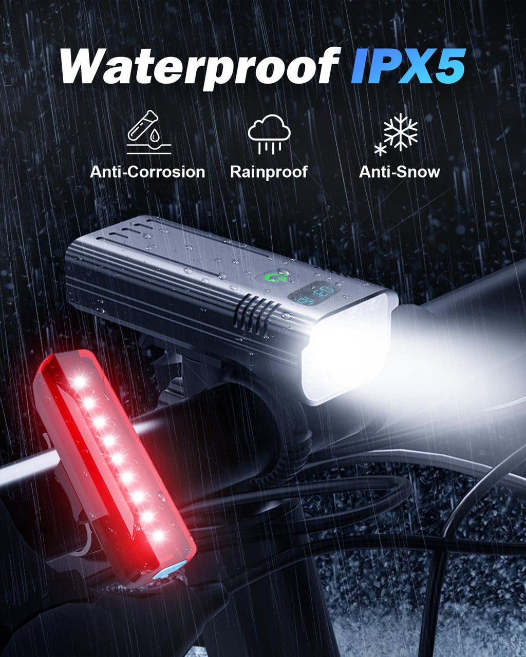 Σετ ποδηλατικού φωτισμού Victoper 8000 Lumens — Επαναφορτιζόμενο μέσω USB, σετ 8 LED εμπρός και πίσω, μαύρο ματ