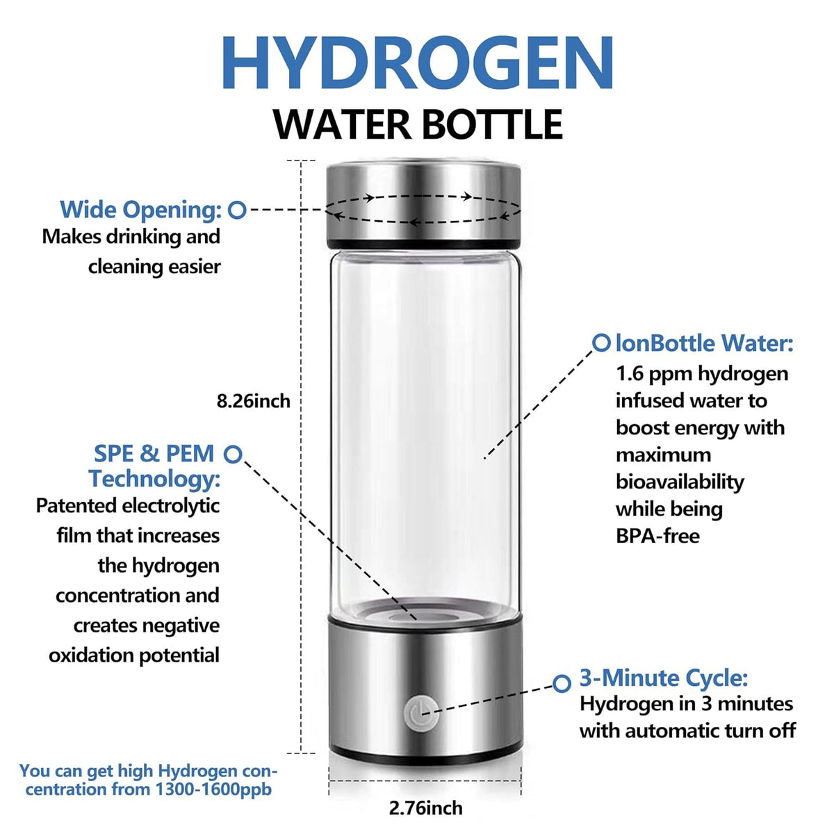 Sticlă de apă HydroPro pentru infuzie cu hidrogen
