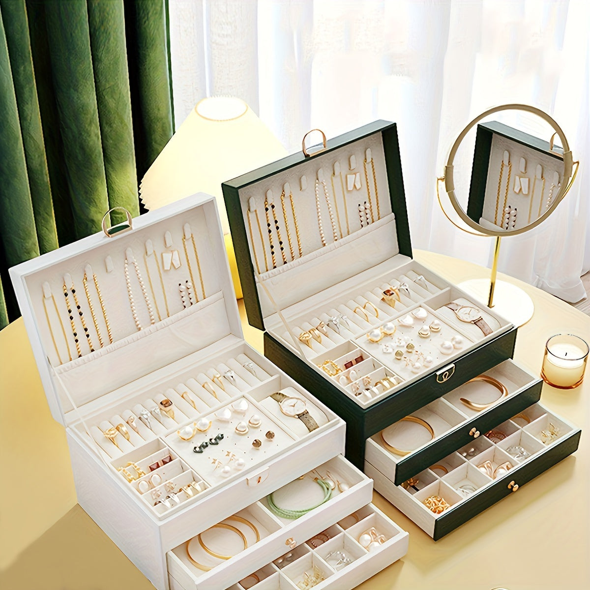 Cutie premium din piele pentru organizarea bijuteriilor — compartimente cu sertare multiple