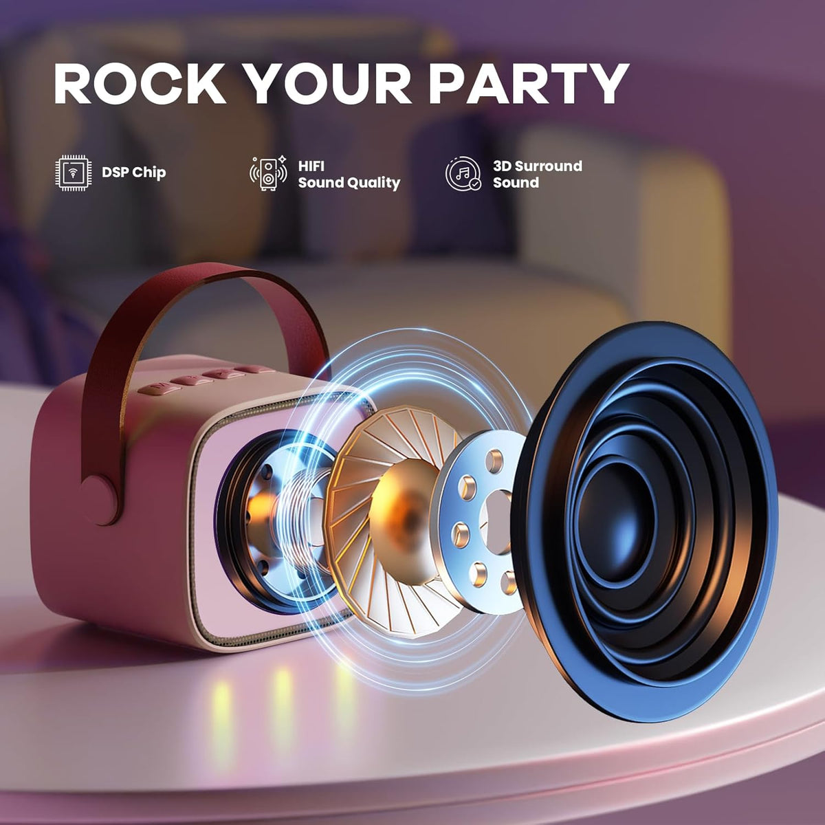 Przenośny minikaraoke Veylo — głośnik Bluetooth, 2 mikrofony bezprzewodowe