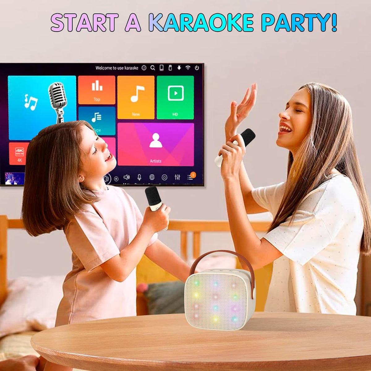 Przenośny minikaraoke Veylo — głośnik Bluetooth, 2 mikrofony bezprzewodowe