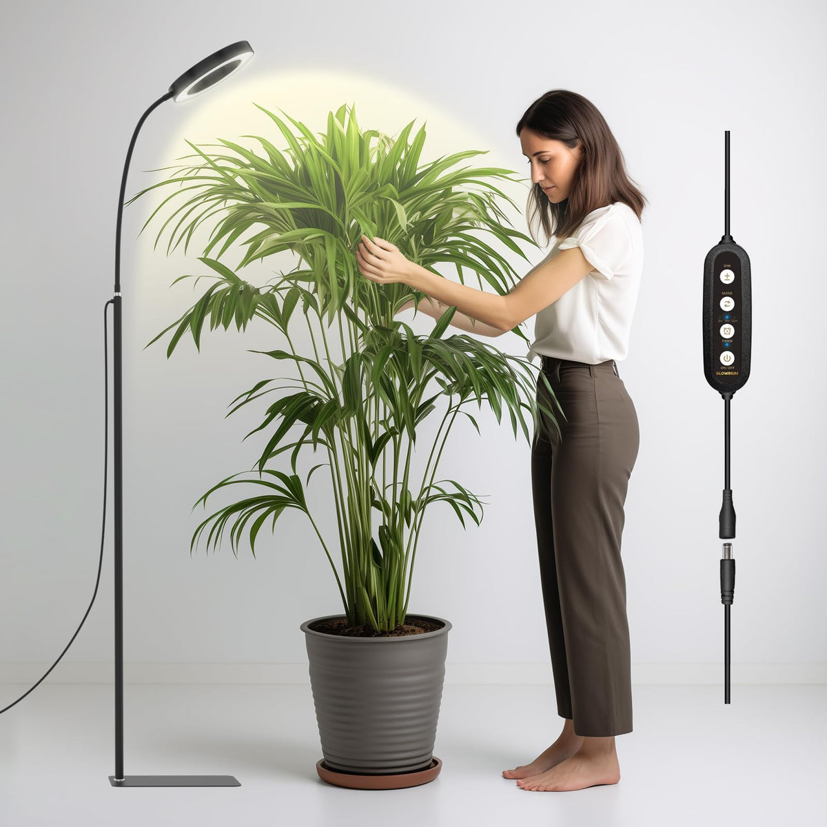 Lampe horticole sur pied LED Glowrium 20W - spectre complet, pied réglable en hauteur, minuterie automatique, 3 modes d'éclairage, intensité réglable sur 6 niveaux, noir