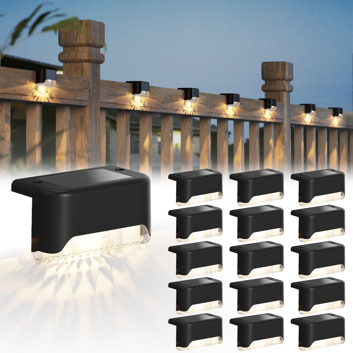 Zestaw 16 solarnych lamp tarasowych — wodoodporne oświetlenie ogrodzenia LED, czarne