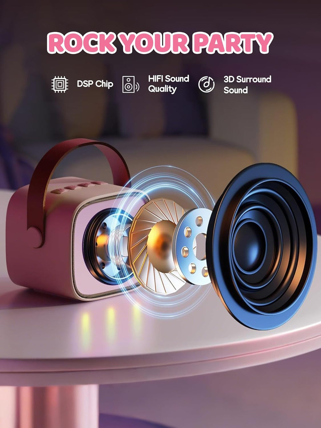 Przenośny minikaraoke Veylo — głośnik Bluetooth, 2 mikrofony bezprzewodowe