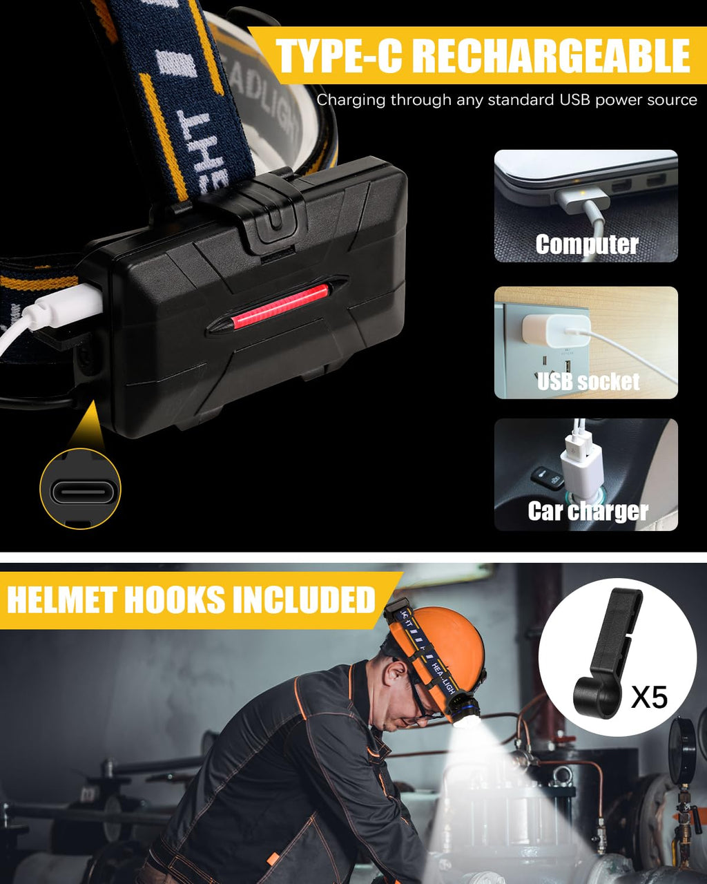 Linterna frontal recargable Ochter — 18000 lúmenes, 8 modos de iluminación, impermeable, carga mediante USB, luces rojas y blancas