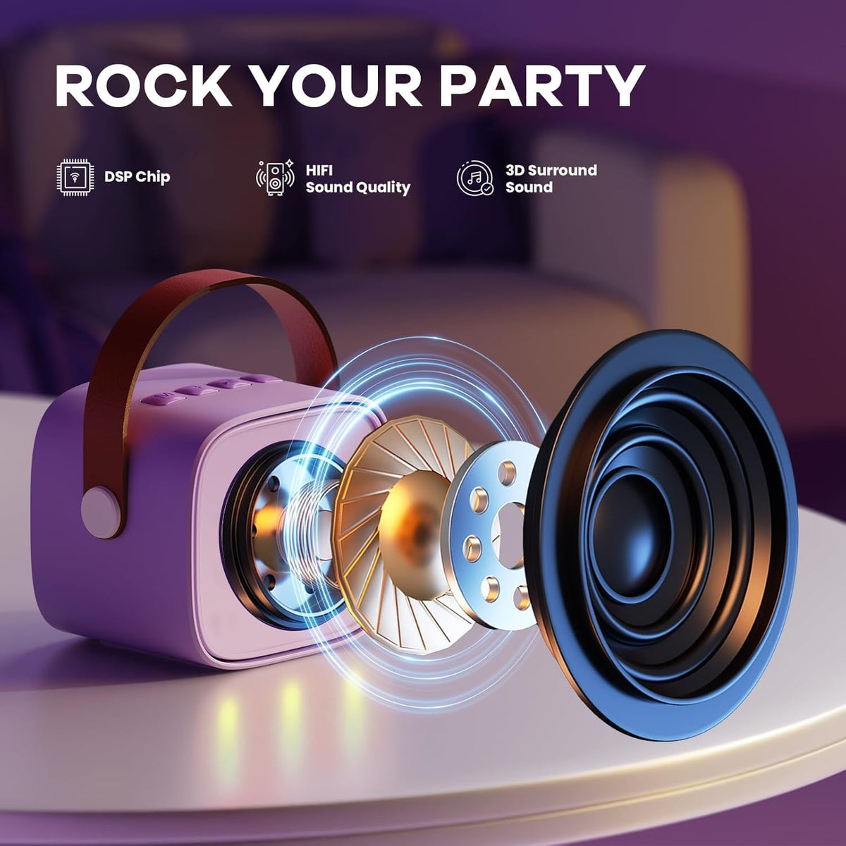 Przenośny minikaraoke Veylo — głośnik Bluetooth, 2 mikrofony bezprzewodowe
