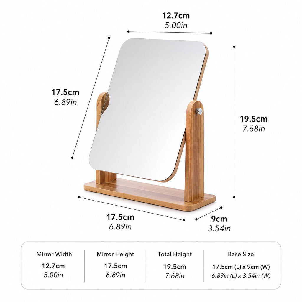 Modern Wooden Makeup Mirror — 360° Rotating Pivot, Compact Frame, Solid Weighted Base