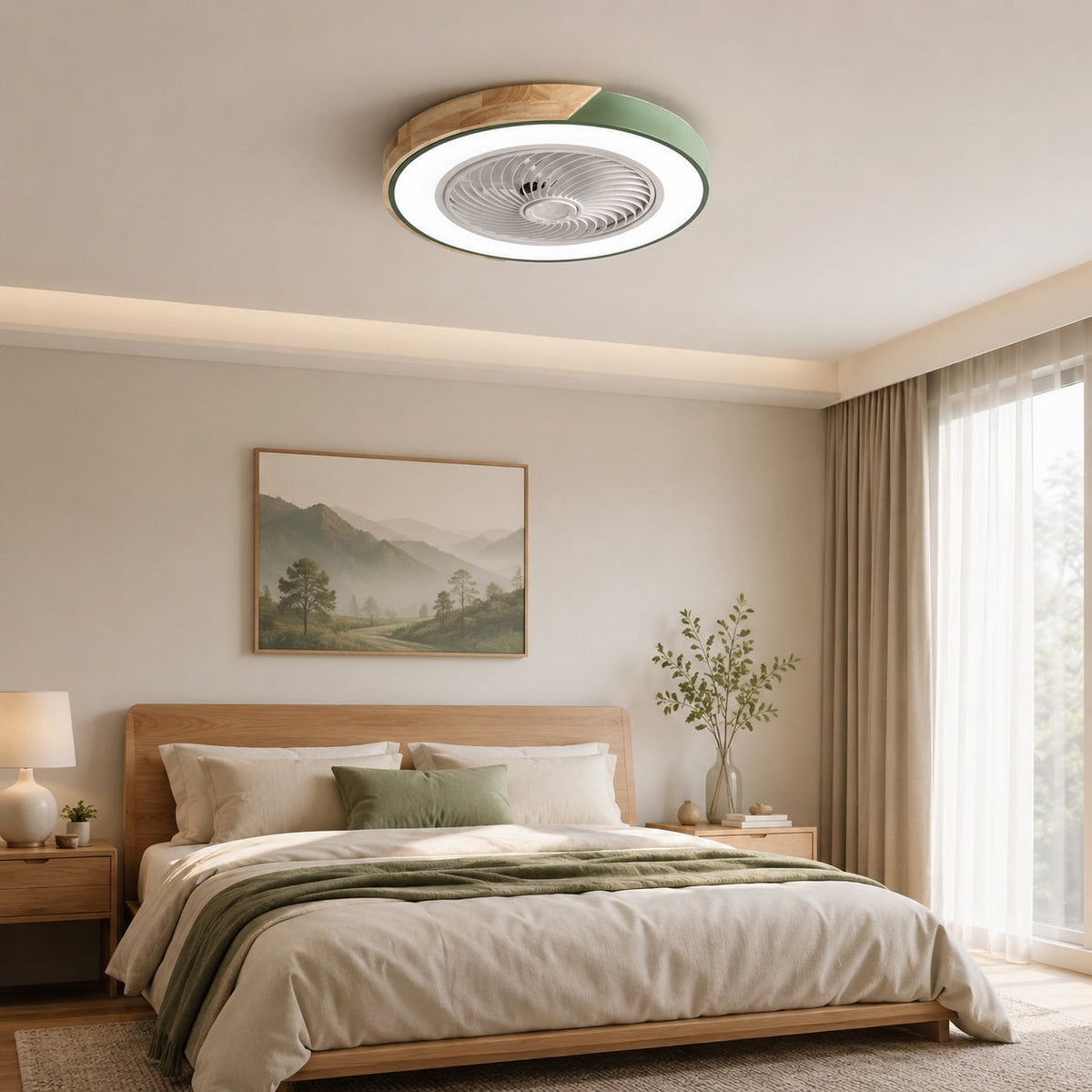 Moderní bezlopatkový stropní ventilátor — železný rám pro přisazenou montáž, integrovaná LED světla, stmívatelný, nastavitelná teplota chromatičnosti