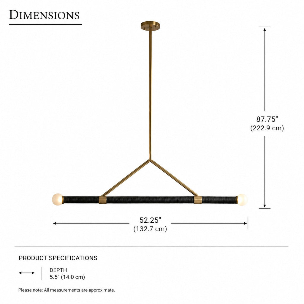 Lampada a sospensione lineare moderna — struttura in ottone, rivestimento nero, lampadine a globo satinato