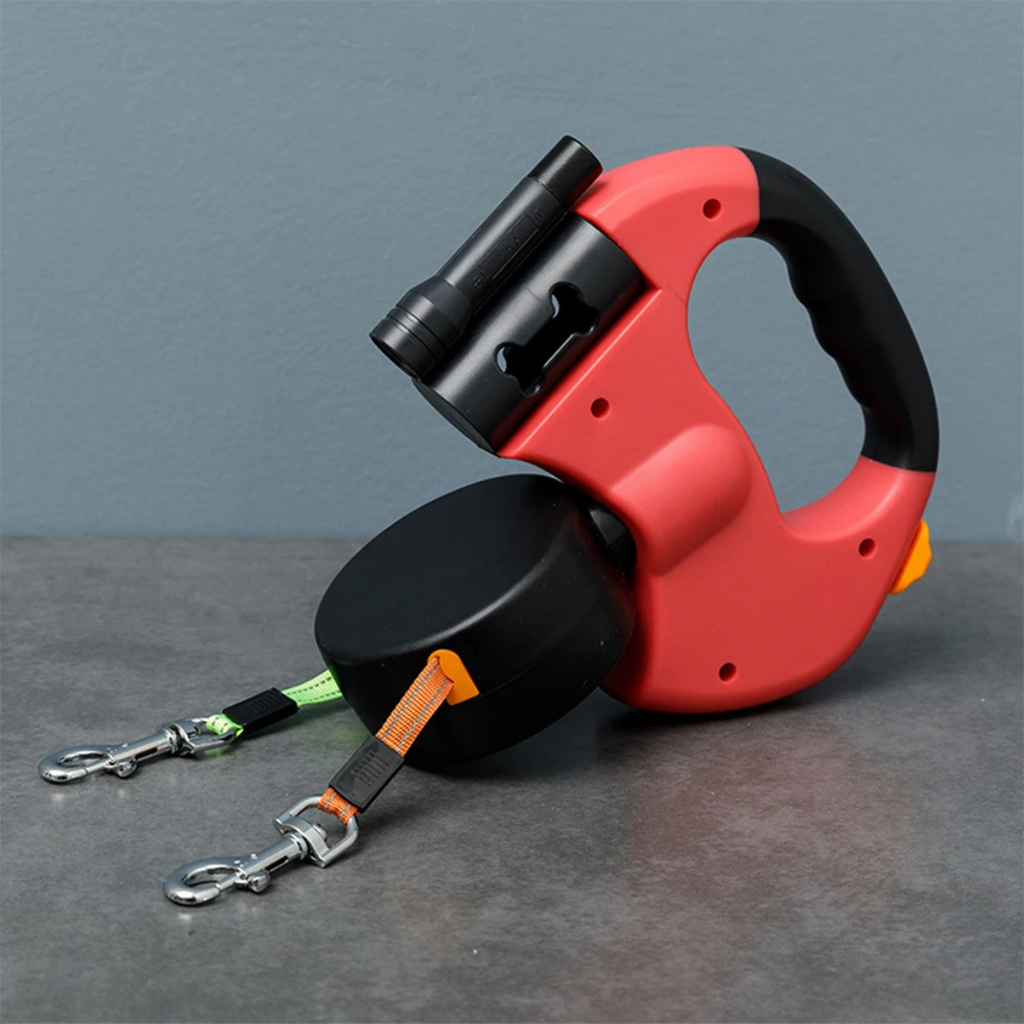 Infällbart dubbelt hundkoppel – trasselfri design, inbyggd LED-lampa