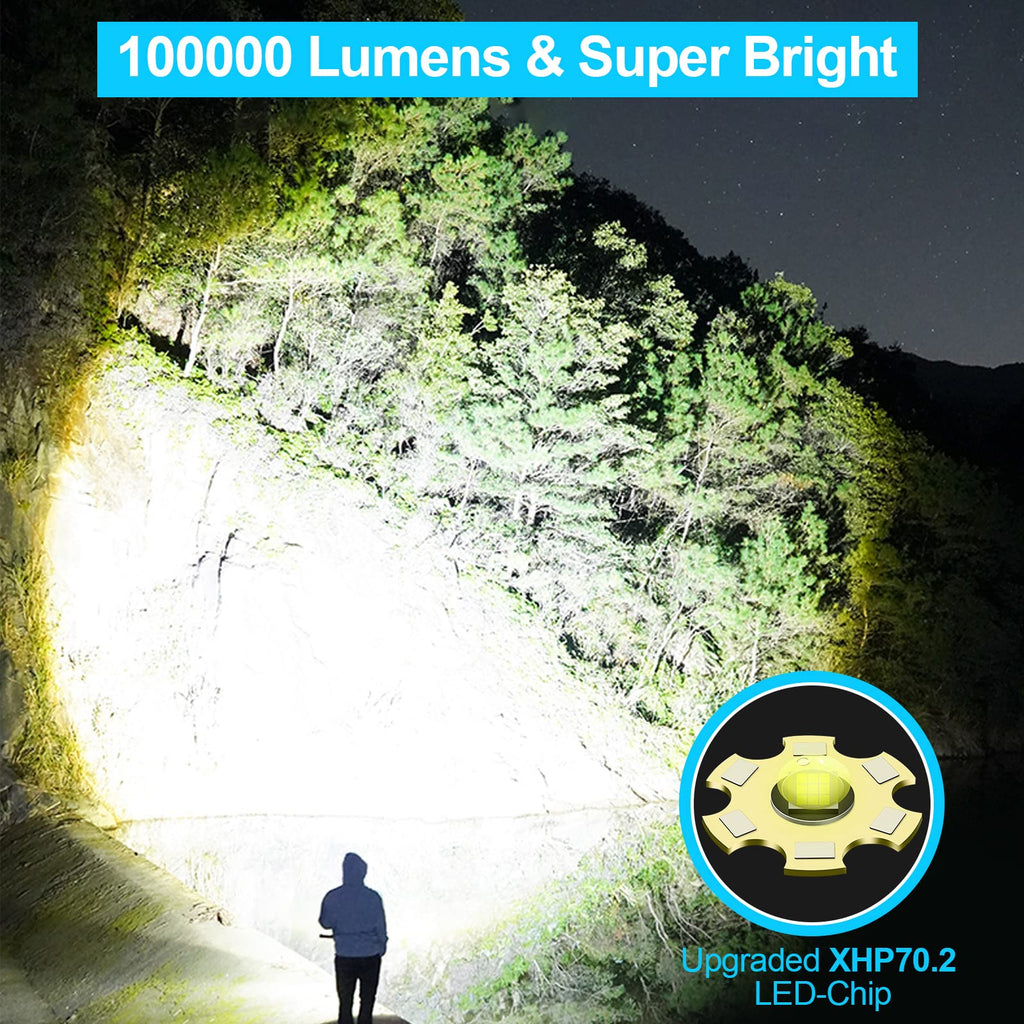 Banral oppladbar lommelykt i aluminium – 100000 lumen, IPX6-vanntett, 5 moduser, justerbar zoom