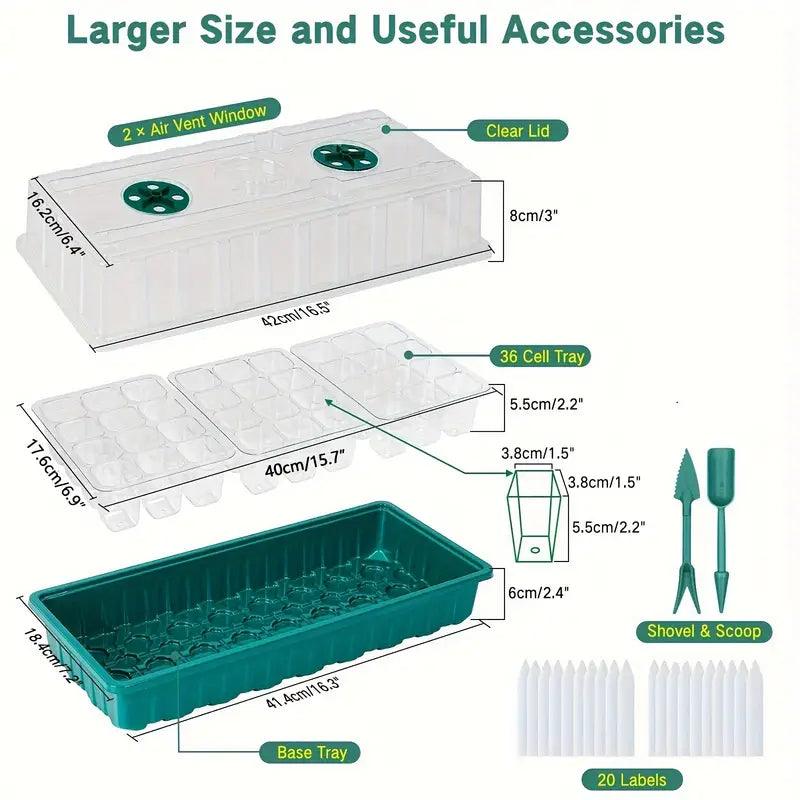 Kit de inicio de semillas para interior — bandeja de 36 celdas, luz LED de cultivo y cúpula de humedad ajustable