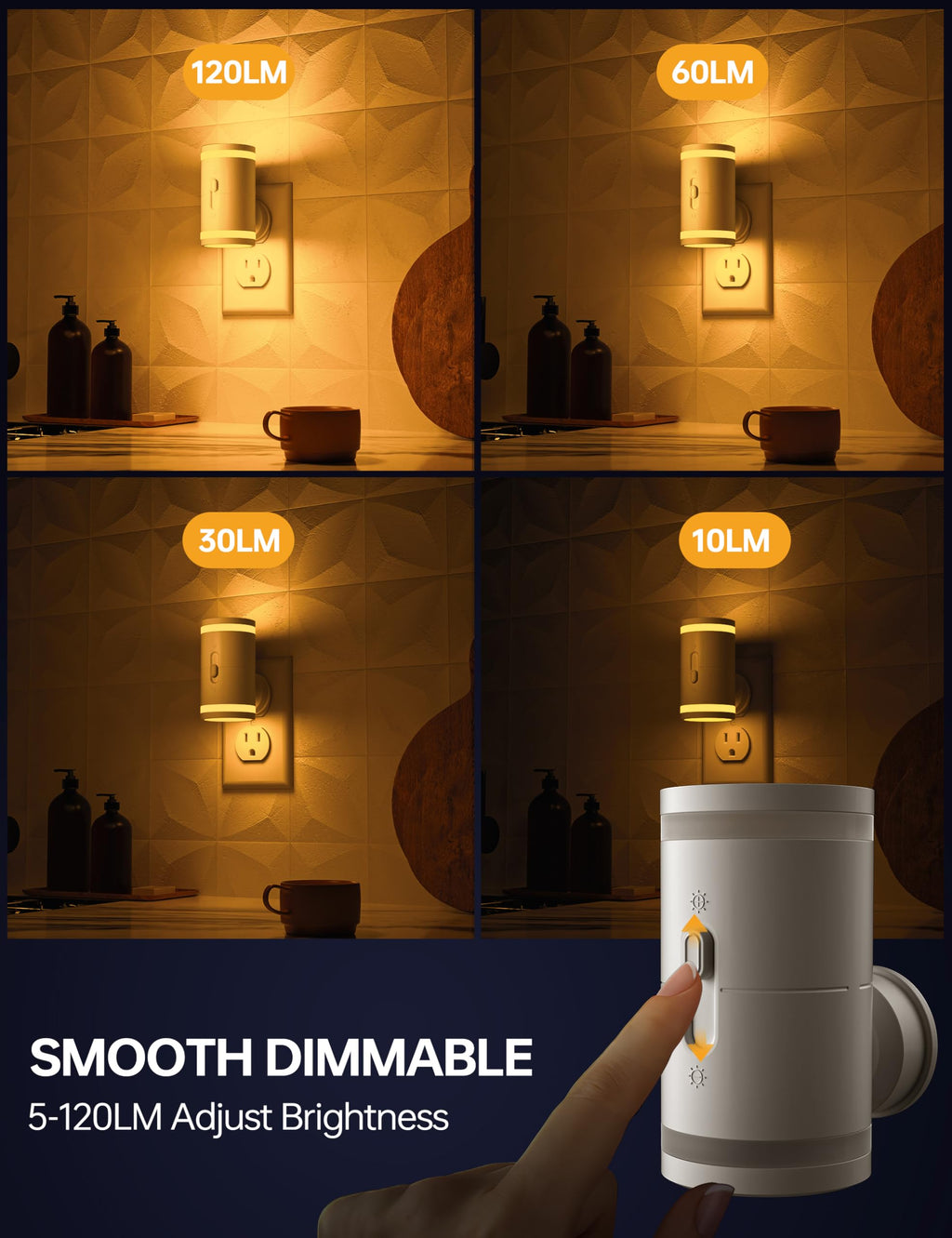 Kindeep 2 Pack Amber Night Lights — Dusk to Dawn Sensor, Dimmable 5-120Lm