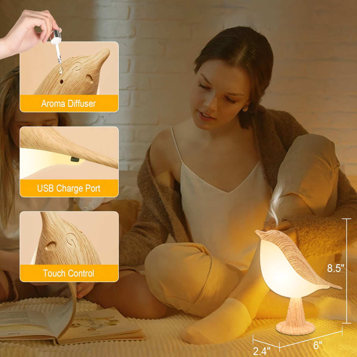 Vquand 2-Pack Bird Desk Lamp — Rechargeable Kids Night Light, Touch Sensor, 3 Color Modes
