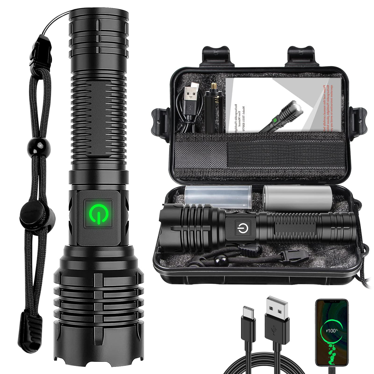 Banral oppladbar lommelykt i aluminium – 100000 lumen, IPX6-vanntett, 5 moduser, justerbar zoom