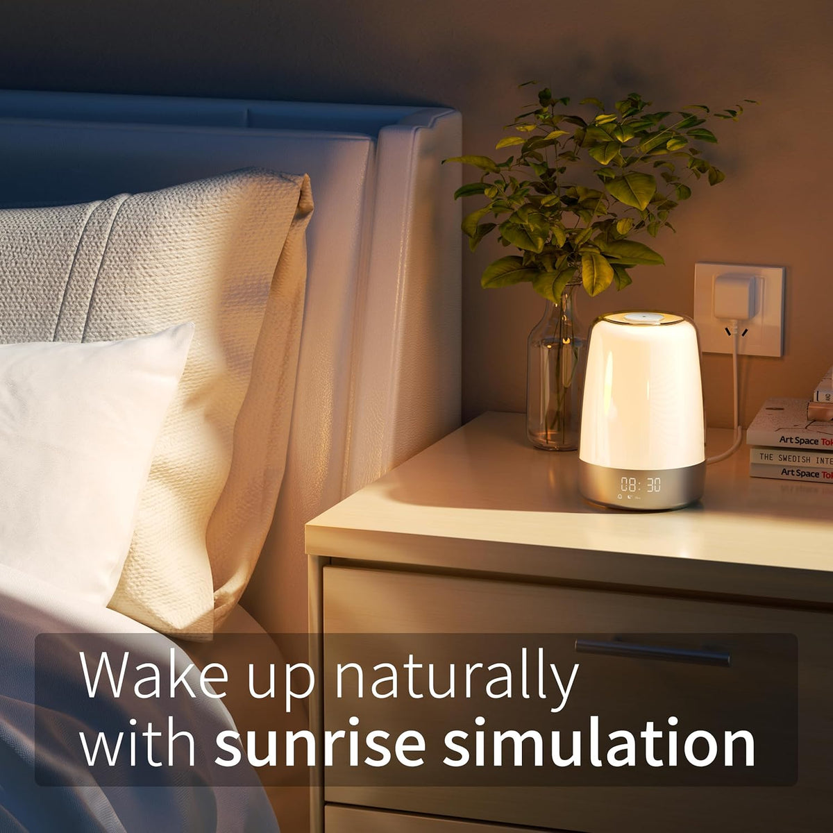 Luz de despertar Aurora — simulação do nascer e do pôr do sol, recarregável por USB-C