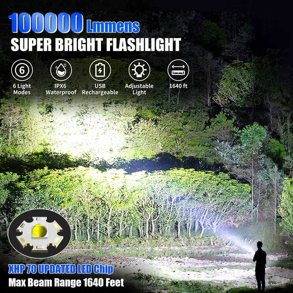 Linterna LED recargable táctica Foleto, paquete de 2 — 100000 lúmenes, 5 modos e impermeable