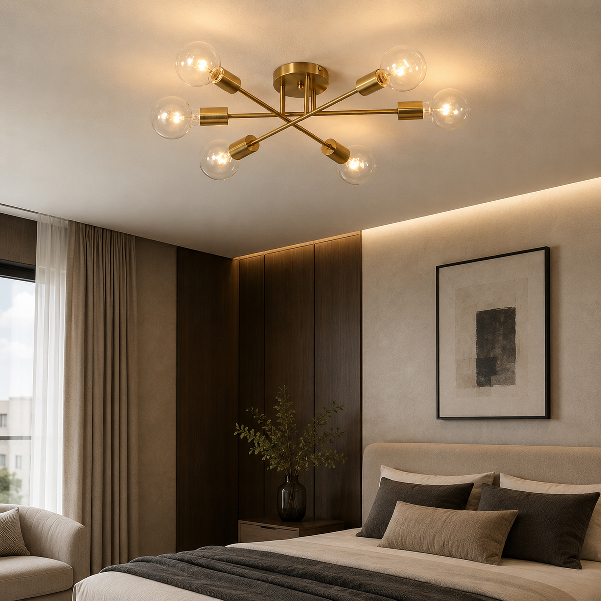 Moderne geometrisk loftlampe i metal — LED med 6 pærer, diameter på 28 Inch, krydsede arme og kugleformede skærme