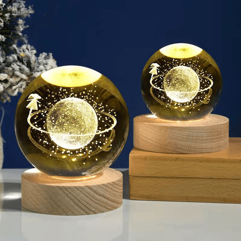 Luz nocturna de cristal con sistema solar 3D iluminado