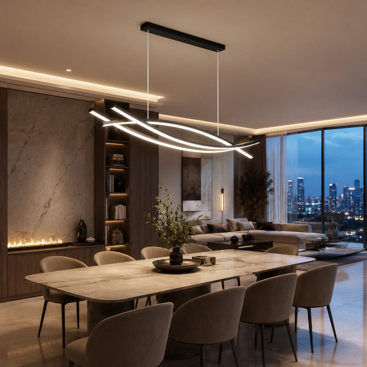 مصباح معلق خطي LED عصري — هيكل من الألومنيوم الأسود، قابل للتعتيم، وارتفاع قابل للتعديل