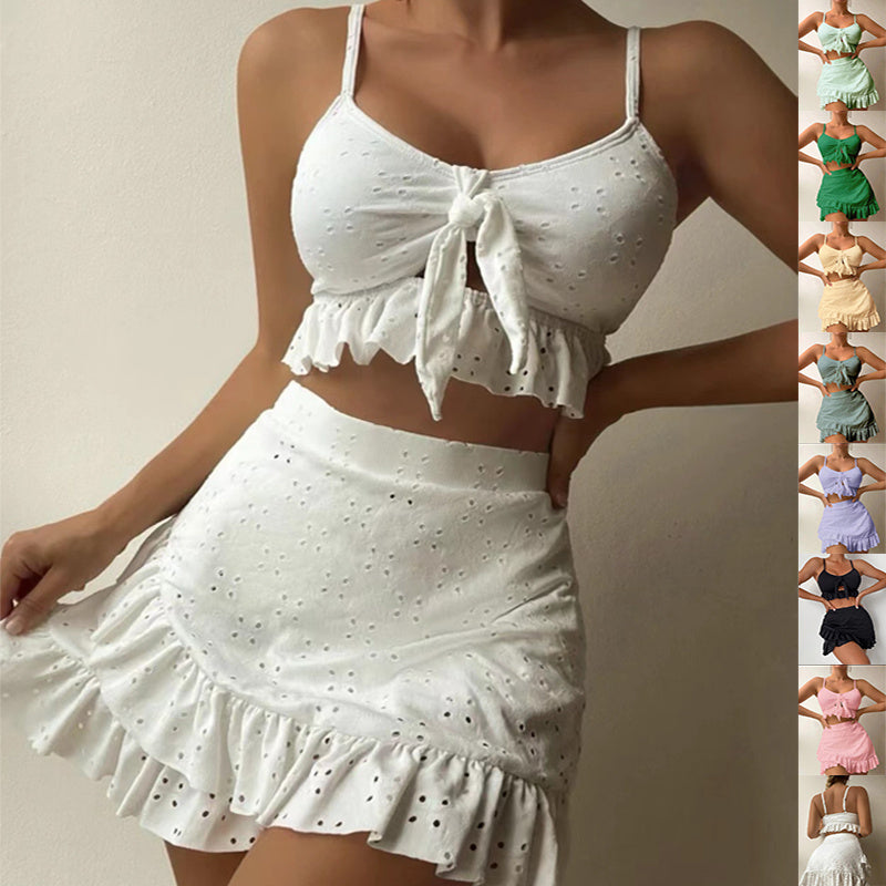 Ensemble Maillot Plage – Haut à nœud + Jupe volantée