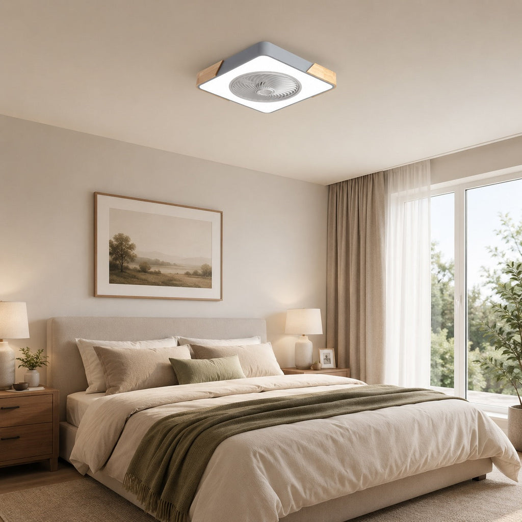 Moderní bezlopatkový stropní ventilátor — železný rám pro přisazenou montáž, integrovaná LED světla, stmívatelný, nastavitelná teplota chromatičnosti