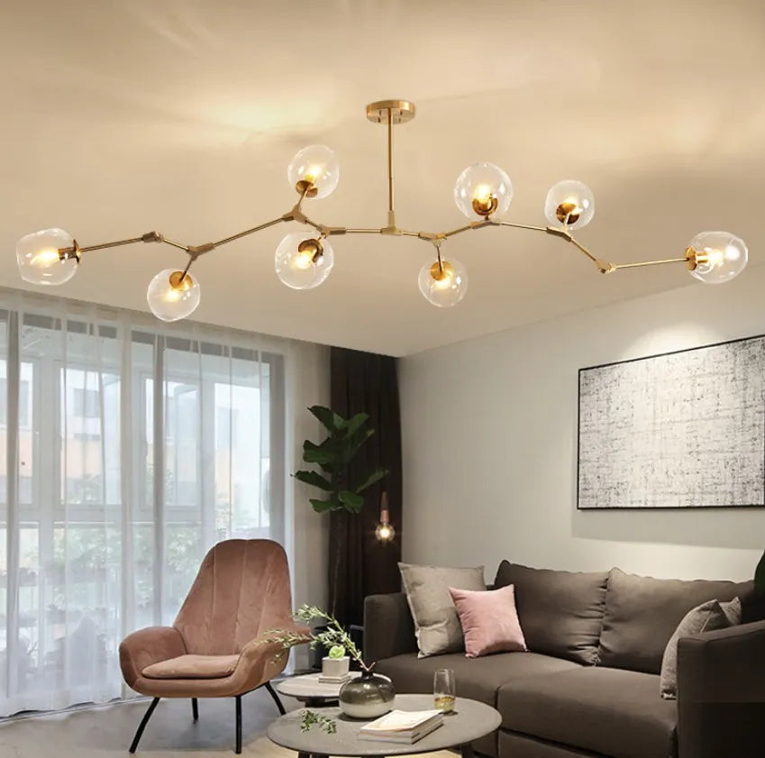 Żyrandol ze szklanymi kloszami w kształcie rozgałęzionych baniek, w stylu mid-century, z regulowanymi ramionami, do salonu | boxzora