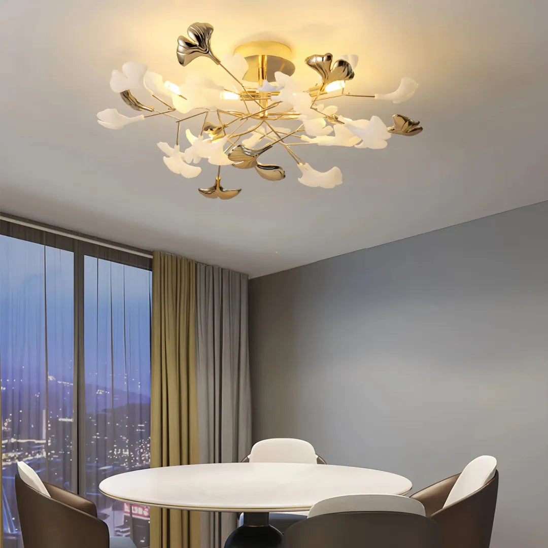 Luksuriøs ginkgo-loftslampe i messing og keramik til stuen, antirefleks | boxzora