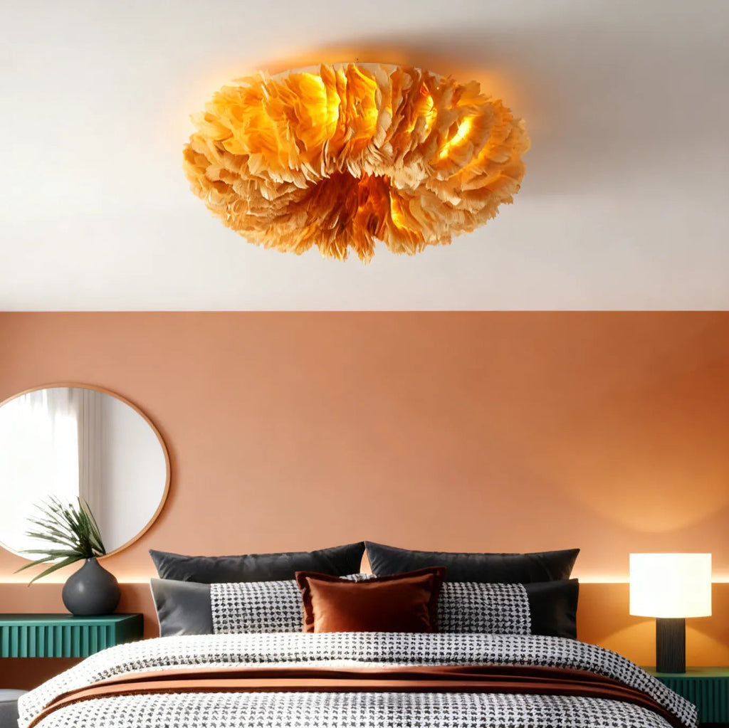 Lámpara de techo nórdica de plumas para dormitorio, antideslumbrante | boxzora