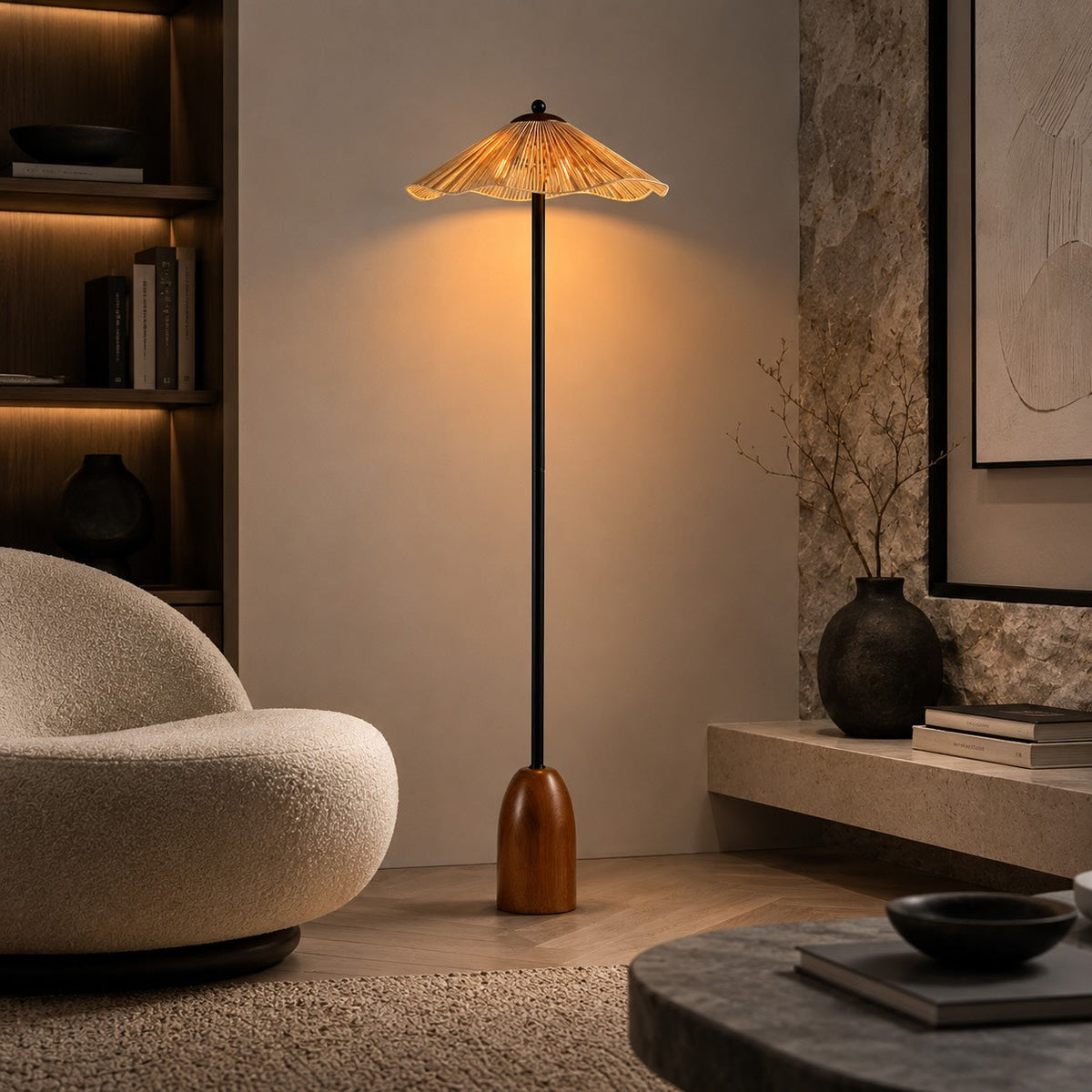 Lampada da terra moderna - altezza regolabile, paralume in rafia naturale, base in noce, luce d'ambiente dimmerabile