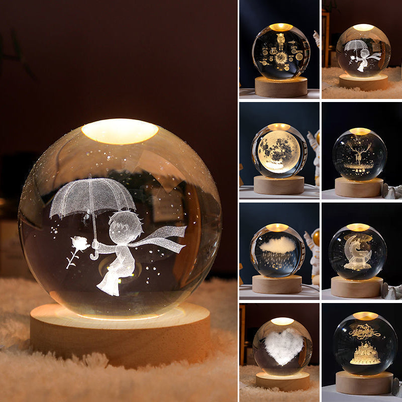 Luz nocturna de cristal con sistema solar 3D iluminado