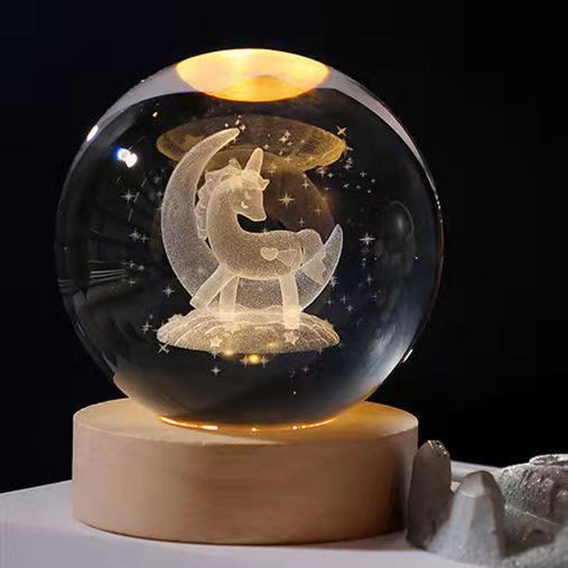Luz nocturna de cristal con sistema solar 3D iluminado
