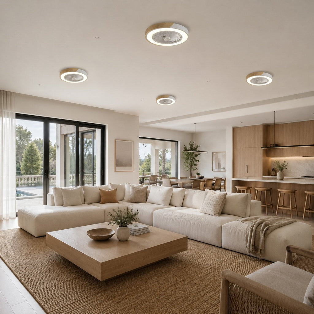 Moderní bezlopatkový stropní ventilátor — železný rám pro přisazenou montáž, integrovaná LED světla, stmívatelný, nastavitelná teplota chromatičnosti