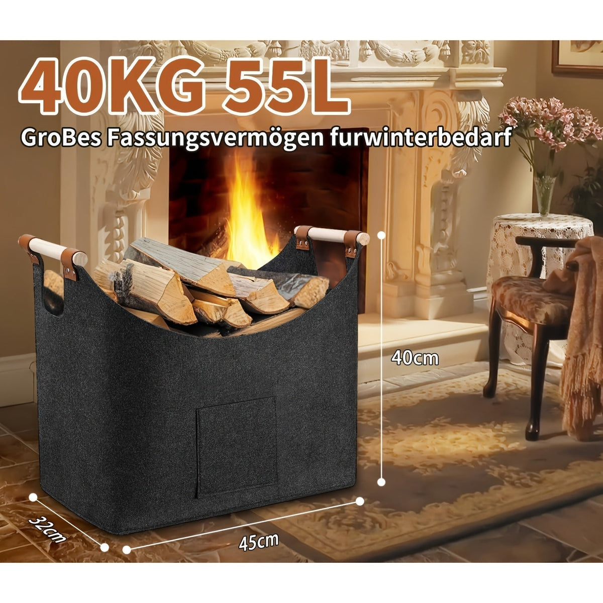 Feldura-taitettava huopainen polttopuukori - 55 litraa, puiset kahvat, nahkayksityiskohdat, tummanharmaa