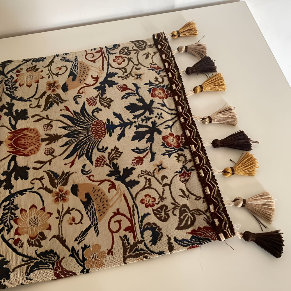 Floral & Bird Jacquard Table Runner — Vintage Motif