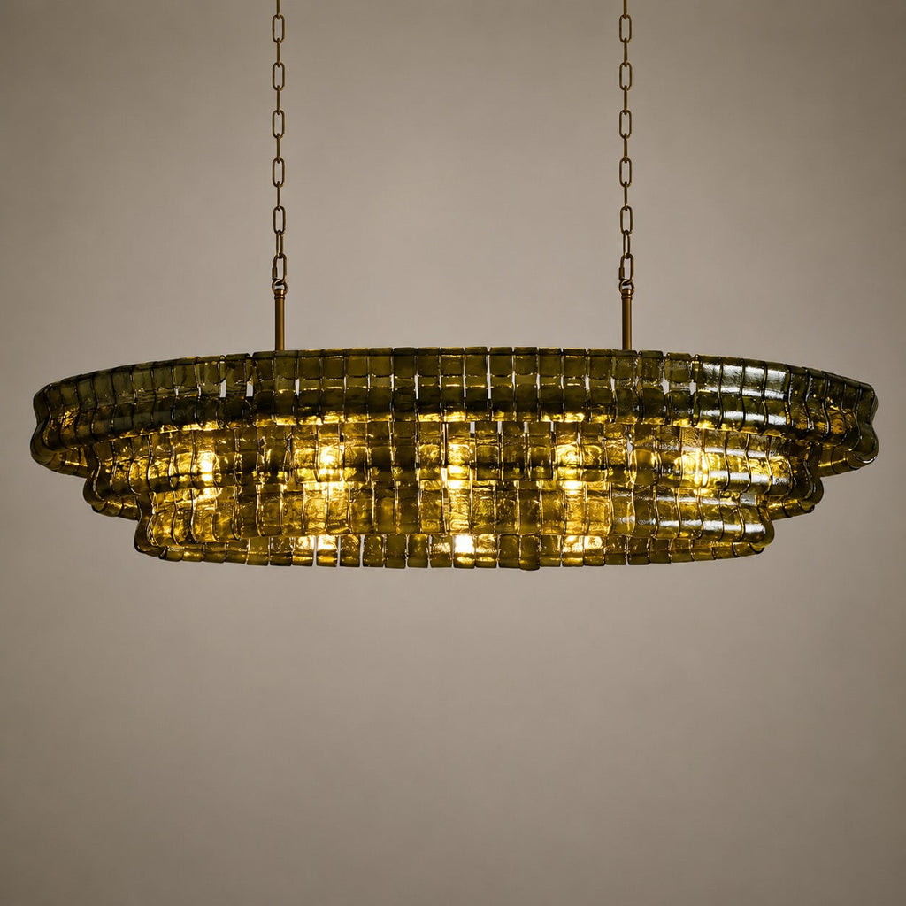 Modern oval takkrona — justerbar sänkhöjd, stålram och böjt glas, alternativ med 5 eller 12 glödlampor