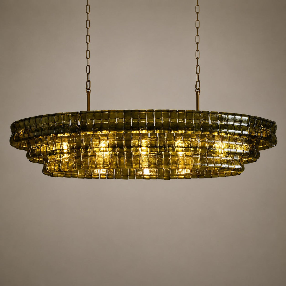 Modern oval takkrona — justerbar sänkhöjd, stålram och böjt glas, alternativ med 5 eller 12 glödlampor
