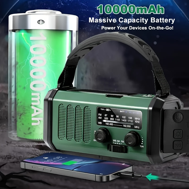 راديو الطوارئ StormMate X10 — بنك طاقة بسعة 10 000 mAh، شحن بالطاقة الشمسية وباليد، منفذ USB-C، ضوء LED، إنذار SOS، بوصلة، موالف AM FM NOAA