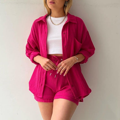 Ensemble Femme Été 2 Pièces – Chemise Plissée & Short Taille Haute