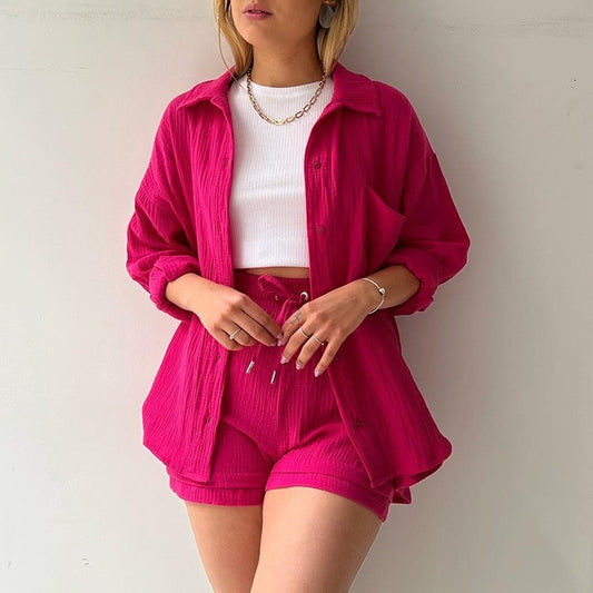 Ensemble Femme Été 2 Pièces – Chemise Plissée & Short Taille Haute
