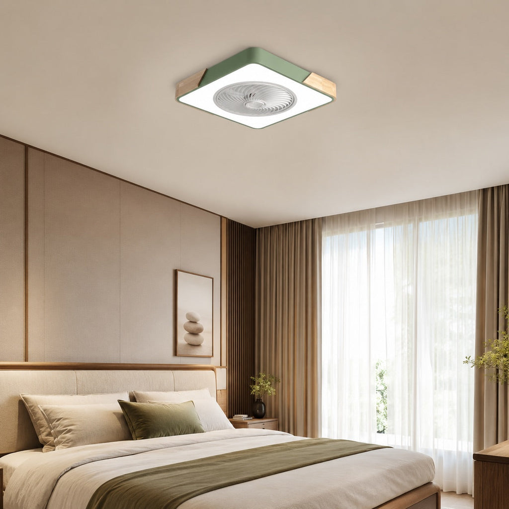 Moderní bezlopatkový stropní ventilátor — železný rám pro přisazenou montáž, integrovaná LED světla, stmívatelný, nastavitelná teplota chromatičnosti