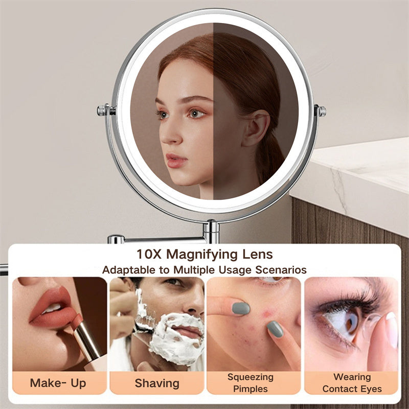 Rechargeable Wall Mounted Shaving Mirror — 360° Rotation Stand, 1X/10X Dual Magnification, Adjustable LED Lighting