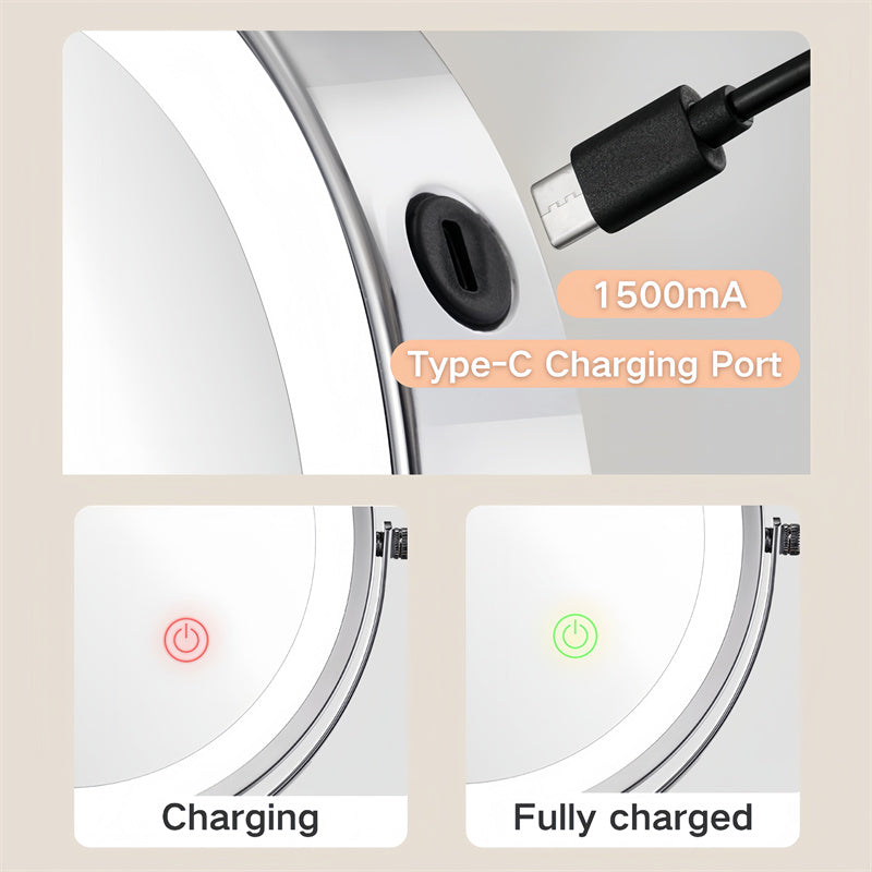 Rechargeable Wall Mounted Shaving Mirror — 360° Rotation Stand, 1X/10X Dual Magnification, Adjustable LED Lighting