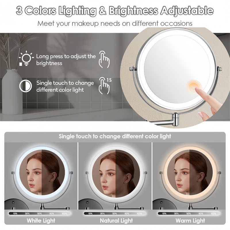 Rechargeable Wall Mounted Shaving Mirror — 360° Rotation Stand, 1X/10X Dual Magnification, Adjustable LED Lighting